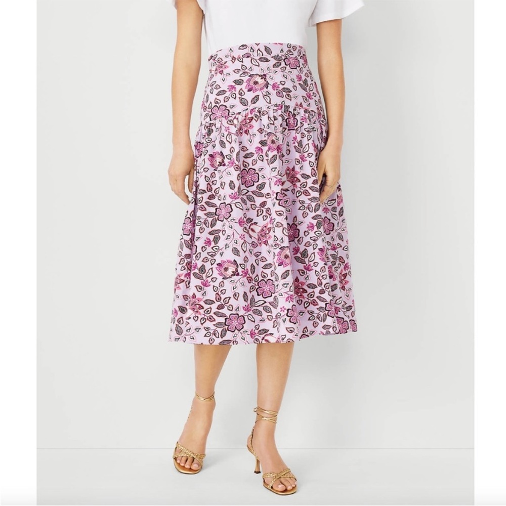 Ann Taylor Floral Gathered Yoke Midi Skirt Lavender Size 2